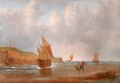 Coastal Scene with Boats offshore, Fisherfolk on the Beach and a Lighthouse on a Cliff by Anonymous