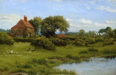 Cottage at Burghfield, near Reading, with Pond by Arthur Hughes