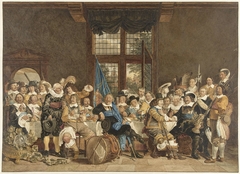 De schuttersmaaltijd in de Voetboogdoelen te Amsterdam ter viering van het sluiten van de vrede van Munster, 18 juni 1648 by Jacob Cats 1741-1799