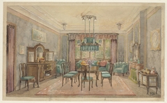 Eetkamer met groene canapé by Monogrammist HK Nederland 20ste eeuw