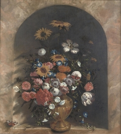 Flowers in a stone niche by Laurens van der Vinne