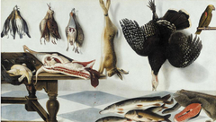 Game larder with a hare, partridge, snipe, a turkey, a side of meat, capons, starlings, pike, eel and fish with a parrot by Cornelis Biltius