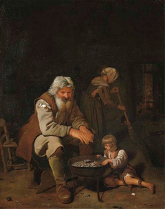 Interior with an old man and a boy by a fire pit and a woman sweeping the floor by Michiel Sweerts