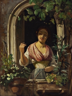 Italian woman waving from a window by Wilhelm Marstrand