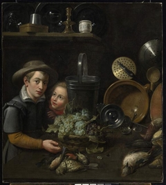 Kitchen still life with two children by Floris van Schooten