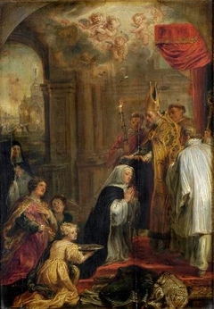 La Prise de voile de sainte Gertrude et l'incendie de l'abbaye de Nivelles by Abraham van Diepenbeeck