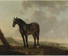 Landscape with a brown horse by Abraham van Calraet