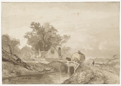 Landschap met een brug met daarop een hooiwagen by Johan Barthold Jongkind