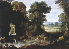 Landschap met nymphen en satyrs by Paul Brill