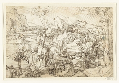 Landschap met rotsen, figuren en een zeilschip by Unknown Artist