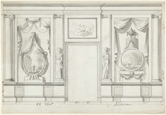 Ontwerp voor kamerversiering met twee panelen met landschappen en een deur met aan weerszijden standbeelden van vrouwen by Abraham Meertens