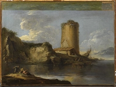 Paysage avec une tour et une barque en construction by Salvator Rosa