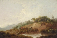 Pond with a Woody Escarpment, with Figures by Anonymous