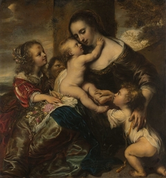 Portrait of a woman with four children, depicted as Caritas by Jürgen Ovens