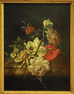 Posy of roses and other flowers on a marble ledge by Rachel Ruysch