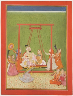 Raja and Rani on Swing with Female Attendants by Anonymous