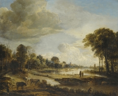 River landcape with figures and cattle by Aert van der Neer