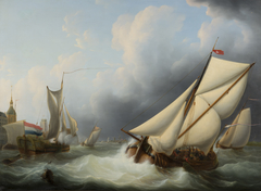 Riviergezicht met het beurtschip de Zwaan bij de Groothoofdspoort te Dordrecht by Martinus Schouman