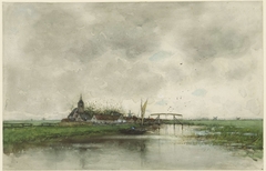 Rivierlandschap met gezicht op een dorp by Fredericus Jacobus van Rossum du Chattel