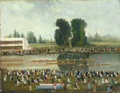 Rowing Scene: Crowds Watching from the River Banks by Emile Lévy