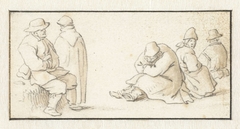 Staande man en vier zittende mannen by Herman Saftleven