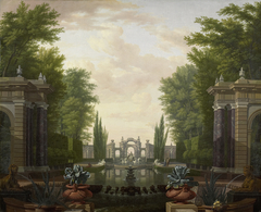 Statues and buildings on the water in a park by Isaac de Moucheron