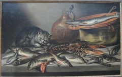 Still life with a cat and fish by Pieter Claesz