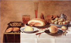 Still life with a ham on a laid table by Floris van Schooten