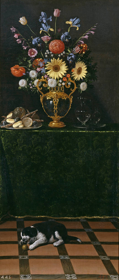 Still Life with a Vase of Flowers and a Puppy by Juan van der Hamen