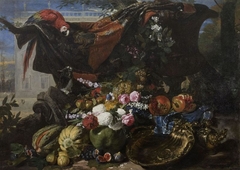 Still life with fighting cat and parrot by David de Coninck