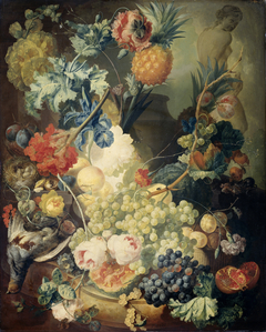 Still Life with Flowers, Fruit and Birds by Jan van Os