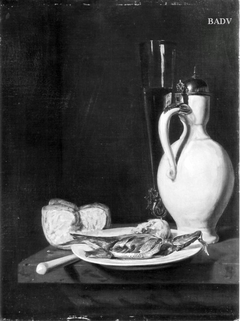 Stillleben mit Hering, Weinkrug und Pokal by Gabriël Metsu