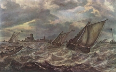 Stormy Sea with a Town in the Background by Abraham van Beijeren