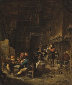 Tavern interior with peasants playing cards, smoking and drinking by Adriaen van Ostade