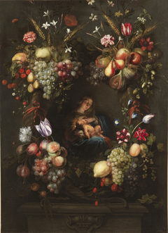 The Virgin Mary and the Child Jesus in a wreath of flowers and fruits by Frans Ykens