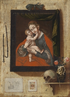 Trompe-l'œil Painting with a Miraculous Image of Mary, a Skull and Wall Mounted Engravings by Anonymous