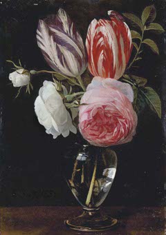 Two parrot tulips, two white roses and a pink rose in a glass vase on a wooden ledge by Daniel Seghers