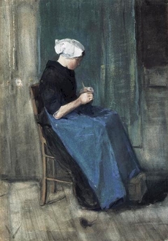 Young Scheveningen Woman Knitting, Facing Right by Vincent van Gogh