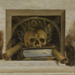 Vanitas Still Life with Skull with a Laurel Wreath and Two Burning Candles by Jacob van Campen