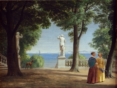 View of Kullen across the Lake from a Garden Terrace with Statues (Marienlyst) by P C Skovgaard