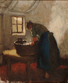 Vrouw aan de wastobbe by Jakob Smits