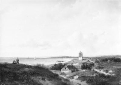 Vuurtoren en visserswoning in de duinen by Andreas Schelfhout