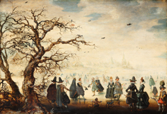 Winter landscape with elegant figures ice-skating by Adam van Breen