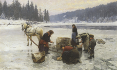 Women doing laundry through a hole in the ice. by Jahn Ekenæs