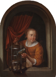 Young Woman in a Niche with a Parrot and a Cage by Gerrit Dou