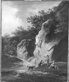 Zwei Fischer, ein Mädchen mit Hund an einem Gebirgswasserfall by Georges-Frédéric Meyer